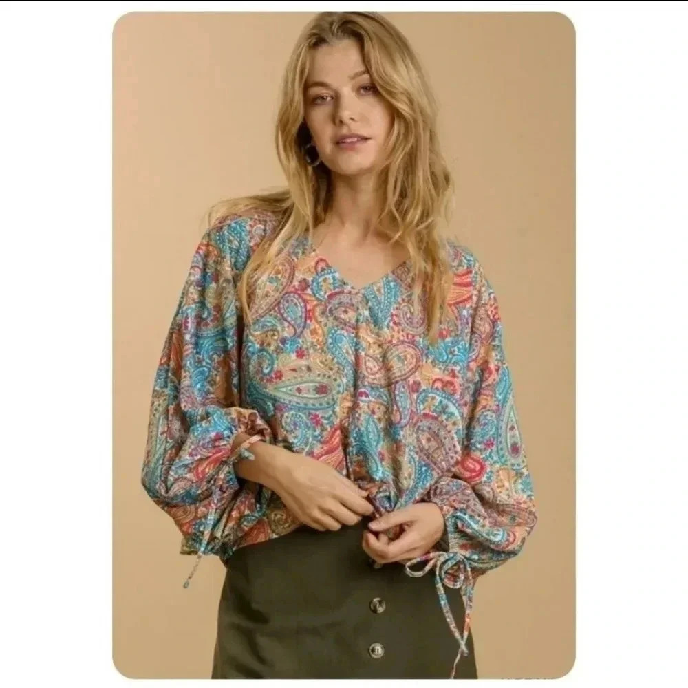 NWT Umgee Multicolored Paisley Print Long Balloon Puff Sleeve V-Neck Blouse(S)